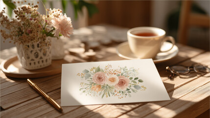 Elegant birthday card mockup with delicate floral design placed on a wooden table beside a cup of tea and glasses