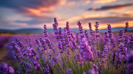 Naklejka premium A field of vibrant purple lavender flowers blooms beautifully beneath a soft, pastel sunset sky.