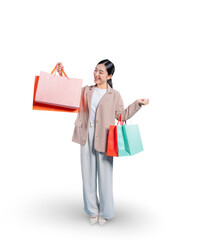 Full-length portrait of a happy young Asian woman admiring one of her shopping bags with a...