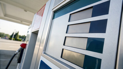 Obraz premium Cost of living increase and inflation. Gasoline pump display with empty price and quantity fields, fuel nozzle inserted, outdoor gas station. Rising prices,financial pressure,economic crisis