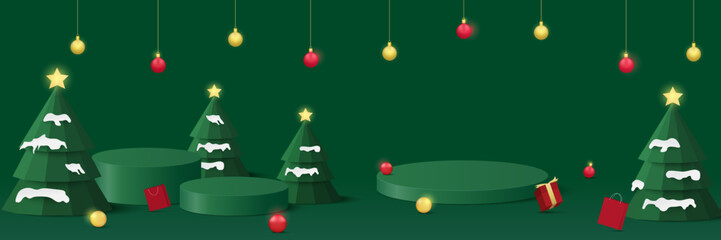 Podium Christmas. Green podium for product display presentation with christmas tree, ball, gift box and ornament on the stage. Stand product showcase on green background. Merry christmas banner