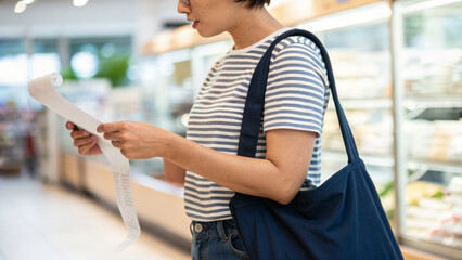Cost of living increase and inflation. Woman grocery receipt shopping inflation cost living increase supermarket concern. Woman holding grocery. Rising prices,financial pressure,economic crisis