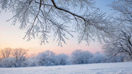Obraz premium Snowladen tree branches frame a serene winter landscape at sunrise, with soft pink and orange hues painting the sky