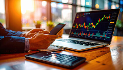 Photography close-up of businessman working with market trade graph.
