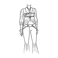 female body without head and feet in boho chic clothes: blouse with pendants and flared jeans - hand drawn line art drawing