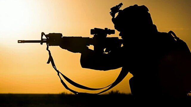 Silhouette of a soldier, a sniper in tactical gear, aiming and firing an assault rifle against a sunset background. 