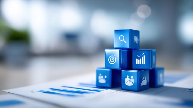 Fototapeta 3D Blue Cubes on Financial Reports for Business Insights