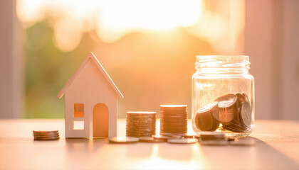 Close up stack of coins with house on the background.