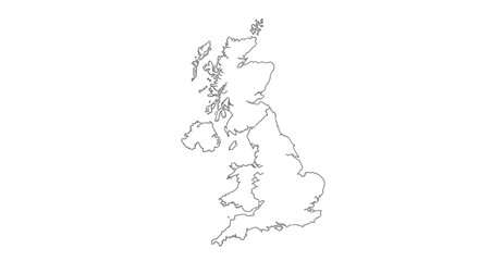 Outline map of the United Kingdom and Ireland, showcasing the geographical shapes of the islands against a white background.