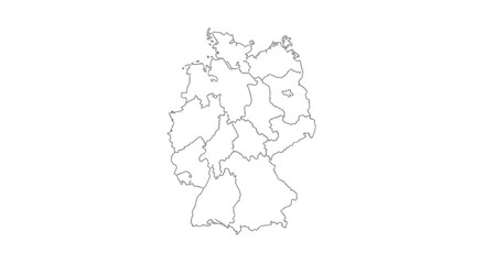 Outlined map of Germany, showing the division of states, isolated on white.