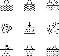 Minimalist line art icon set depicting water related activities and objects ocean