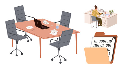 Fototapeta premium Office setup with a meeting table, chairs, laptop, scattered papers, individual working at a desk, and data visualization in a folder. Ideal for teamwork, remote work, organization collaboration