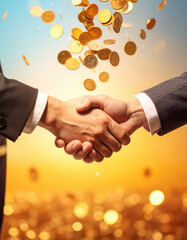 Photography of business handshake with coins falling from above.