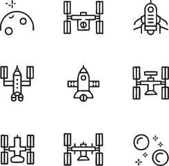 Fototapeta premium Minimalist line art icon set of space objects and vehicles rocket moon