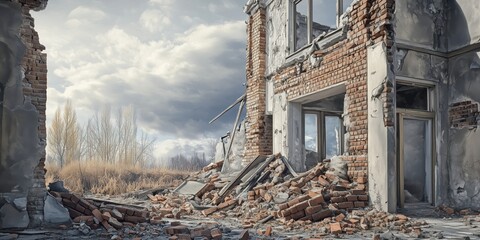 A desolate, photorealistic depiction of a house reduced to ruins, surrounded by scattered ashes and fragmented bricks after war