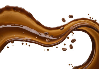 Isolated Abstract Splash of Brown Coffee Liquid with Coffee Beans