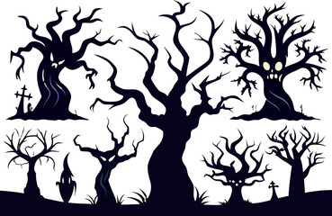 6 Spooky Halloween Tree Silhouettes Vector Pack