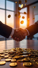 Photography of business handshake with coins falling from above.
