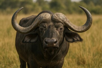 A majestic bull stands tall in a golden field, its horns reaching towards the sky