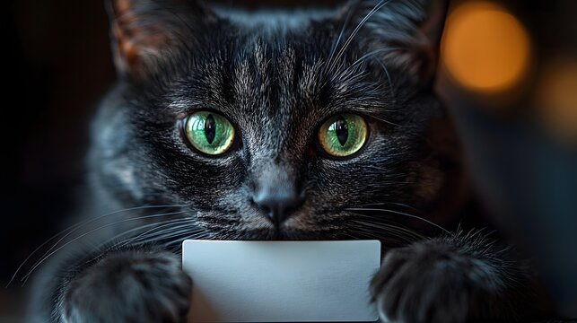 A black cat with piercing green eyes stares at a blank white gift card on its collar