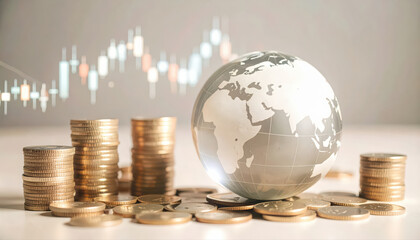 Close up hologram globe is surrounded by stack of coins with trade graph stock market.