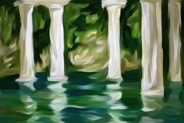 Whitish columns, reflecting in a teal pool, framed by lush green foliage
