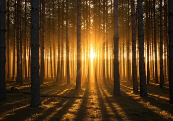 Fototapeta premium Golden Forest Sunrise: Sunbeams Through Tall Trees, Nature's Serenity.