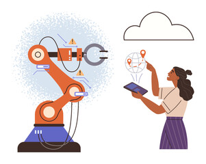 Robotic arm with hazard icons managed by a woman holding a tablet and pointing to location icons. Ideal for automation, innovation, IoT, AI technology, industry, cloud computing, and smart solutions