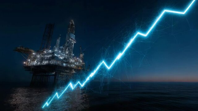 Large oil rig is floating in the ocean with a bright blue line rising from it. upward stock arrow behind digital illustration of oil platform, glowing blue overlays,oil exploration stocks