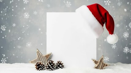 A blank white sign for christmas messages is decorated with a santa hat, snowflakes, pinecones, and wooden stars in the snow - Powered by Adobe