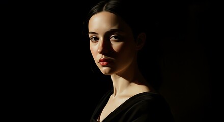 Portrait of a beautiful woman lit by dramatic sunlight against a dark background