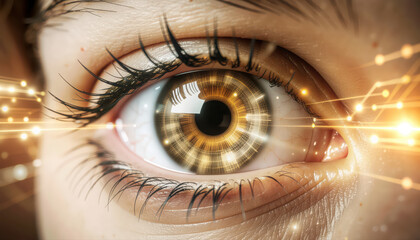 Close up human eye with hologram data.