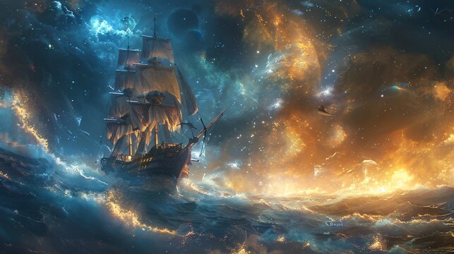 Pirate ship caught in a swirling cosmic nebula