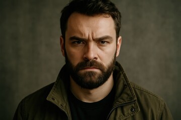 Fototapeta premium A man with a stern expression stands against a textured gray backdrop