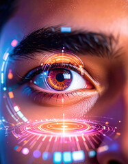 Close up human eye with hologram data.