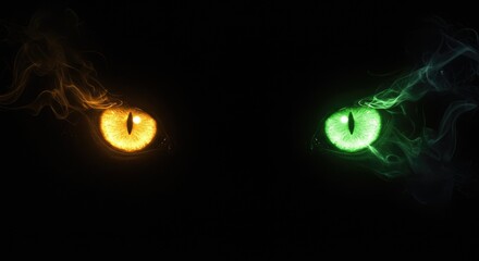 A pair of luminous cat eyes—one orange, one green emerge from a smoky black background in fantasy art style.
