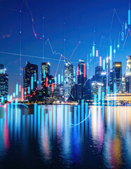 Photography of a Virtual financial stock market graph with upward trending lines and candlestick charts on the background of an urban skyline.
