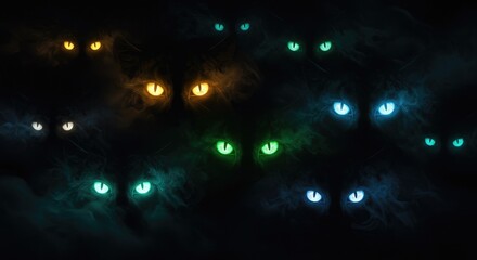 A pair of luminous cat eyes—one orange, one green emerge from a smoky black background in fantasy art style.
