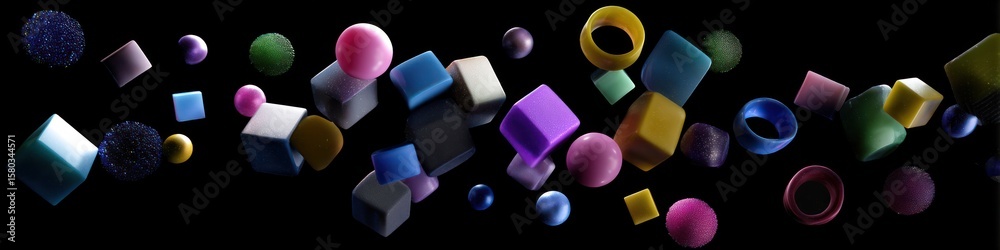 Fototapete a vibrant array of colorful geometric shapes floating against a stark black background in a dynamic 