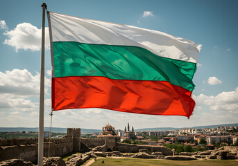 Bulgaria Flag Waving in the Wind with Historical Fortress and Cityscape Background, Sunny Day
