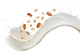 Isolated Almond Milk Splash with Nut Fragments on Transparent Background