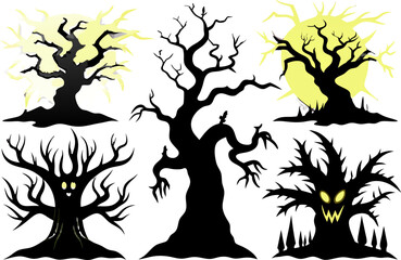6 Spooky Halloween Tree Silhouettes Vector Pack