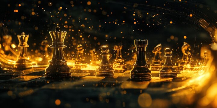 Golden chess set sparkles in dramatic light on a dark background