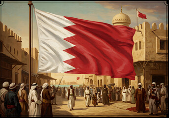 Bahrain Flag Waving, Old Town Scene, People Observing, Middle Eastern Architecture, Cultural Celebration.