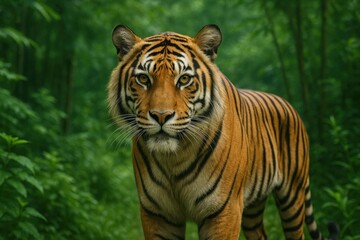 A majestic tiger stands amidst the verdant forest, its gaze piercing through the dense canopy
