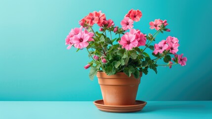 Naklejka premium Bright geranium flowers in a pot bloom in clusters on top of lush green leaves on a blue background.