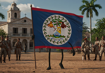 Belize Flag Character with Soldiers Marching, Colonial Era Building Background.