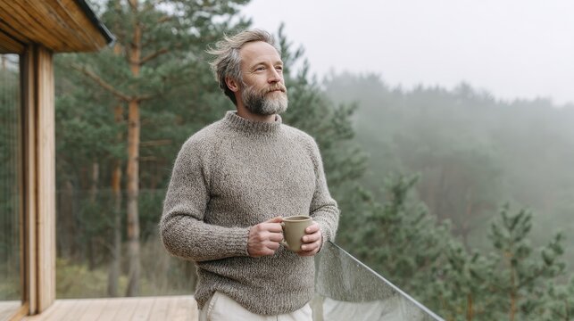 Serene man enjoying coffee on a misty morning balcony with forest view - Powered by Adobe