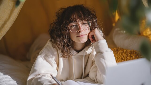 Relaxed young woman in cozy bedroom with notebook and glasses