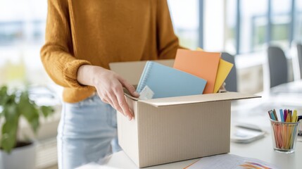 Person packing office supplies in cardboard box for moving or job transition